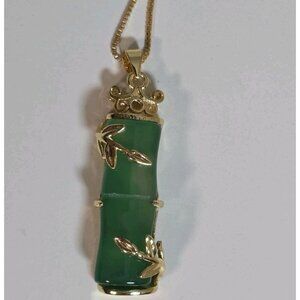 Natural Jade Bamboo Pendant Gold Tone Necklace Fashion Jewelry Luck Amulet Women